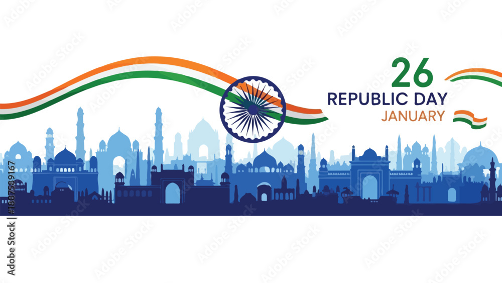 Fototapeta premium Indian Republic Day Celebration Banner with Blue City Skyline and Wavy Flag