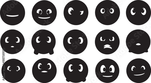 Collection of black and white emoji faces with various expressions