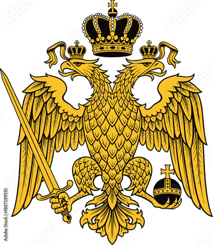 Golden double headed eagle heraldic emblem with imperial crowns holding a sword and orb on white background
