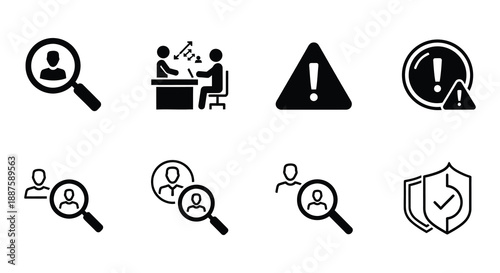 Collection of black and white security investigation and warning related icons