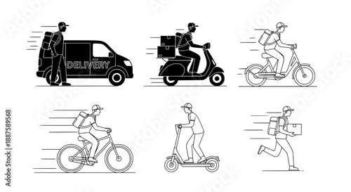 Delivery service workers with various transport options