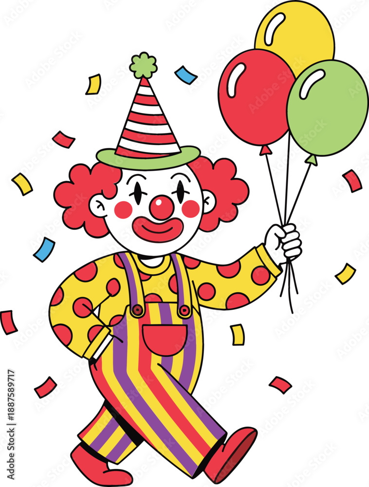 Naklejka premium Happy April Fool's Day celebration vector illustration with funny clown in colorful costume holding balloons and confetti isolated on white background.