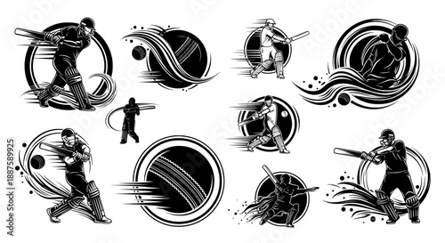 Cricket player action silhouette collection