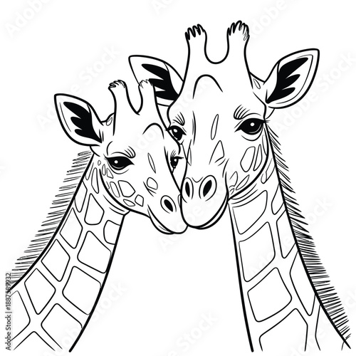 Two giraffes touching noses in a heartwarming moment