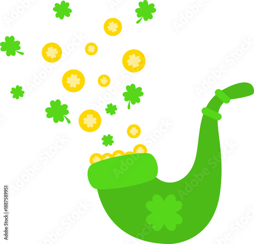 group of green clover or shamrock leaves and tabasco pipe with coin flat element for Saint Patrick's day vector