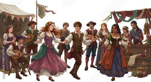 Fete medievale vibrante jeunes danseurs et musiciens joyeux animent le marche colore sous un ciel lumineux. AI Generated