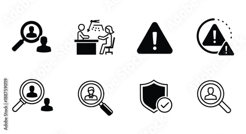 Collection of black and white security investigation and warning related icons