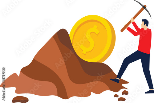 Ways to achieve wealth, financial growth, capital gains, increase in wages through hard work, increase in income from investment or innovation, man extracts a dollar from a cobblestone with a pickaxe.