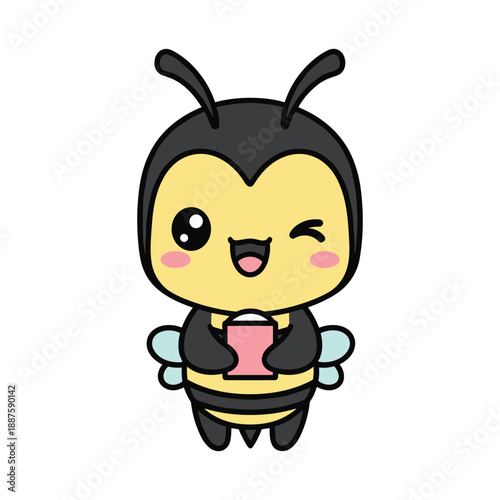 Canvastavla Cute cartoon bee character holding a pink box with a happy expression and winkin