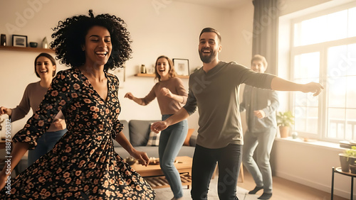 Group of Friends Dancing in Bright Living Room