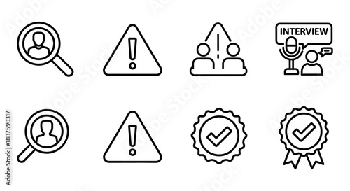 Collection of black and white security investigation and warning related icons