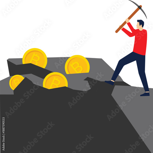 Bitcoin mining, conceptual illustration. Young character mining the cryptocurrency with a pickaxe. Flat editable vector illustration, clip art

