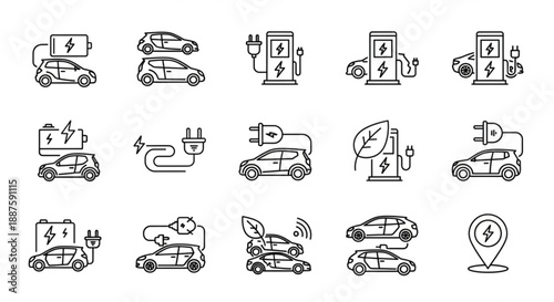Electric vehicle icons sustainable transport solutions charging stations and eco friendly automotive technology for a greener future in a clean energy environment outlined