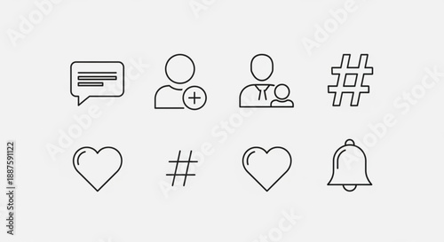 Elegant line icons representing social media engagement communication connection notifications and popularity in a minimalist style on clean white background