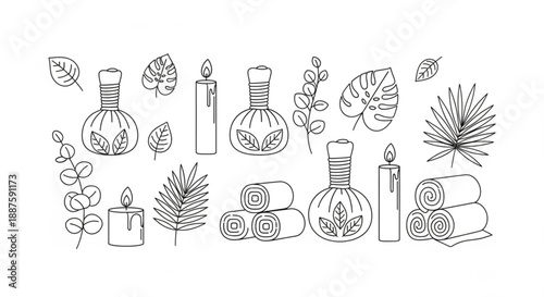 Spa day elements for relaxation massage pouches rolled towels burning candles and tropical leaves create a calming minimalist line art design for wellness and self care themes