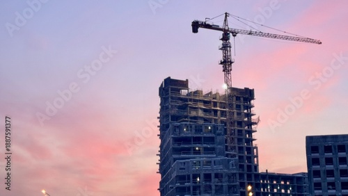 Foto Construction site with towering cranes and multi-story residential buildings under development against a vibrant sunset or sunrise sky