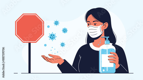 Woman wearing a protective face mask holds a bottle of hand sanitizer next to a red stop sign and floating virus particles.