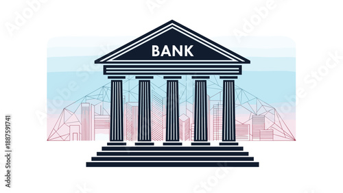 Classic bank building with prominent pillars stands in front of a modern city skyline shown in a flat graphic illustration style.