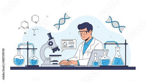 Scientist in a white lab coat uses a computer and microscope in a laboratory surrounded by chemical flasks and molecular models.