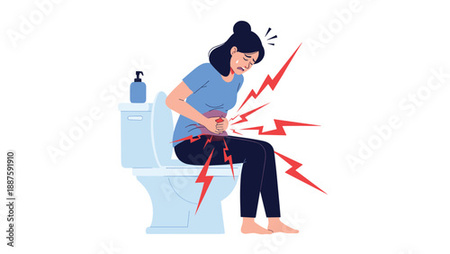 Woman suffering from intense stomach ache while sitting on a toilet illustrating digestive problems or food poisoning symptoms.