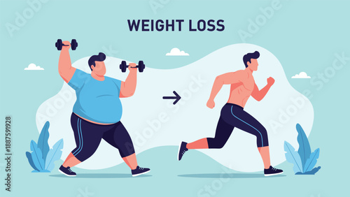 Effective weight loss transformation journey showing a man progressing from being overweight to fit through regular exercise routine.