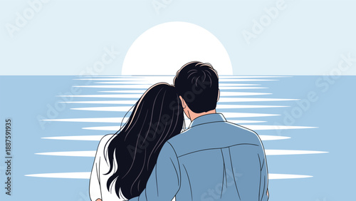 Young couple enjoying a peaceful sunset over the ocean horizon while leaning on each other during a relaxing summer beach holiday.
