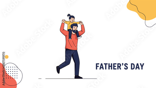 Happy fathers day celebration illustration showing a joyful dad carrying his young daughter on his shoulders against a clean background.