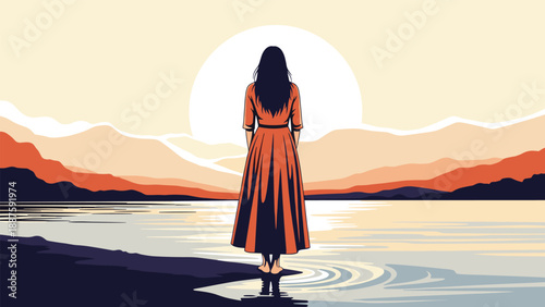 Back view of a woman in a long orange dress standing on a calm beach shore looking at the giant sun during a beautiful sunset.