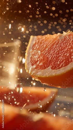 Closeup of Fresh Grapefruit Juice Splashing in Glass.