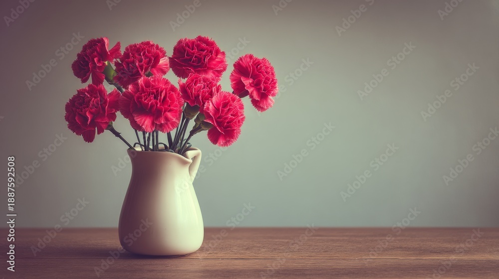 Obraz premium Vibrant Pink Carnations in Elegant Cream Pitcher on Wooden Table Against Soft Neutral Background for Floral Decor and Home Aesthetics