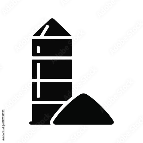 Minimalist black solid vector icon of agricultural storage warehouse, silo and grain symbol, flat clean design