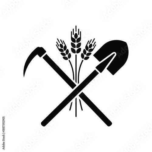 Black solid vector icon of agriculture tools, hoe and shovel crossed with wheat symbol, flat minimalist design
