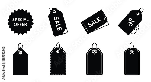 Black and white sale tags discount offers shopping promotions and price labels