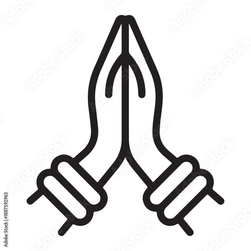 This is a minimalist line art icon depicting two hands pressed together, palm to palm, with fingers extended upwards. The black outline on a white background represents a gesture widely associated 