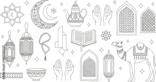 Islamic Ramadan line art icon set with lantern camel prayer hands crescent Quran and decorative arches vector illustration