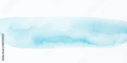 A blue plastic bottle of water and soap sits before a beautiful summer landscape of the calm ocean waves under a bright sky with white clouds at the horizon