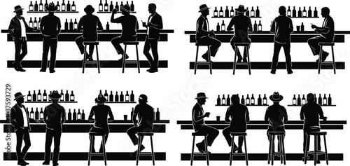 Black Silhouette Collection of Men Sitting at a Bar Counter with Bottles on Shelves for Nightlife and Socializing Concept Designs