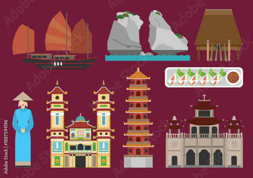 Billede på lærred Vietnam Landmarks, Culture and Travel Icons Flat Illustration