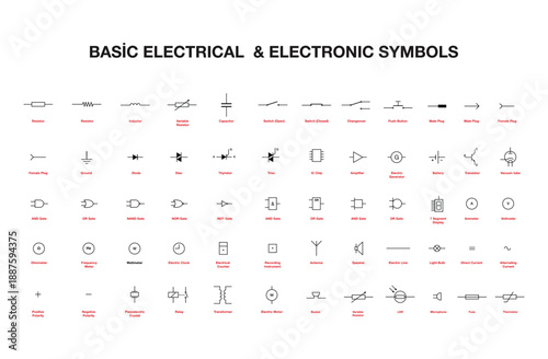 Basic electrical and electronic symbols Black color.