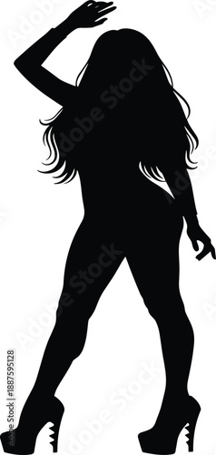 Silhouette confident woman, raised arms, long hair, high heels, black illustration, fashion pose, dynamic stance, stylish figure, bold posture, artistic design