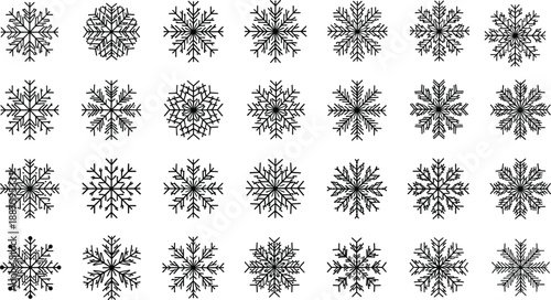 Big collection of distinct linear black snowflake vector icons set isolated on white background for winter holiday Christmas decoration and New Year seasonal design elements.