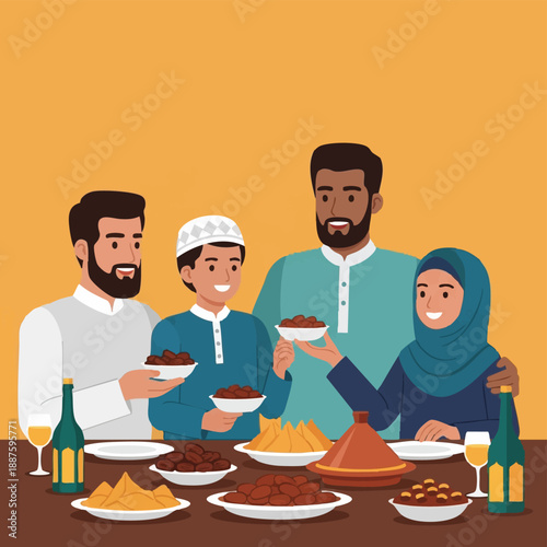 Happy Muslim Family Celebrating Iftar During Ramadan. Group Gathering to Break Fast with Dates and Traditional Islamic Food.
