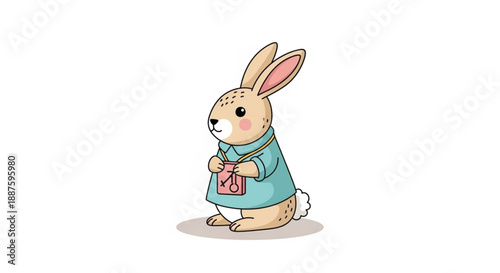 Cute cartoon rabbit in blue sweater holding pink gift box standing on white background