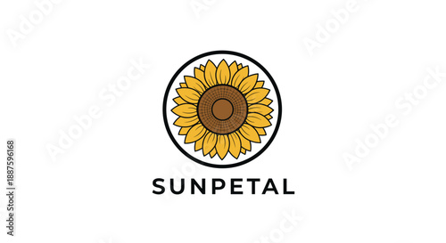 Sunflower logo design with petals and text.