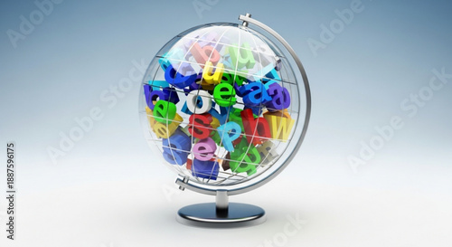 Colorful lottery balls with numbers inside a transparent globe on a stand symbolizing global chance and probability