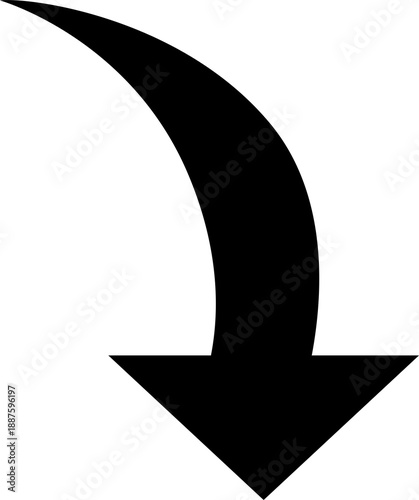 A sleek curved downward pointing arrow symbolizing direction, download, or a drop in data isolated on transparent background