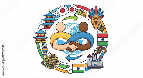 Diverse cultural exchange and global unity represented by multi ethnic handshakes and international landmarks