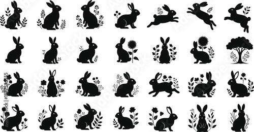 Black Rabbit Silhouette Vector Set with Floral Elements, Easter Bunny Icons, Nature Inspired Animal Graphics for Spring Design, Laser Cut Files and Minimalist Illustrations (25 words)