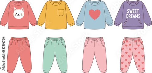 Cute kids pajama clothing illustration set with cozy sweaters and pants, pastel sleepwear outfits for children, bedtime, nursery and fashion design use