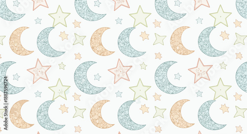 Seamless Pastel Glitter Moon and Star Pattern Vector | Ramadan Seamless Patterns 